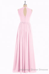 Pink Chiffon Halter Cutout Back A-Line Long Bridesmaid Dress